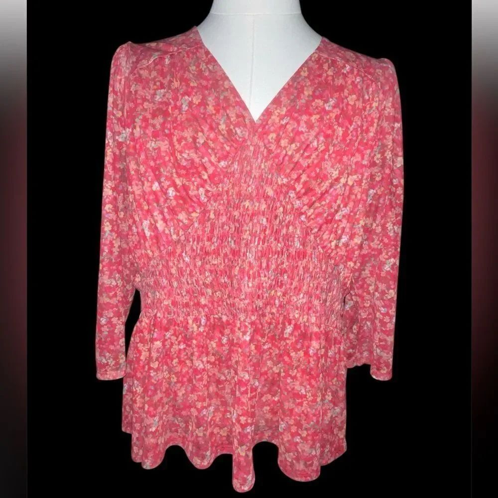 Lane Bryant V-Neck Blouse in Pink multicolors Floral elastic waist ruffle